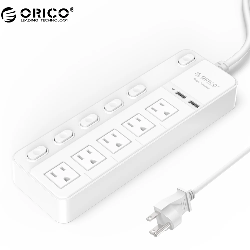 ORICO SPC силовая лента 5 розеток переменного тока с 2 usb-портами для зарядки Кнопка питания Управление штепсельной вилкой США с usb умным зарядным устройством - Цвет: 5 AC 2 USB