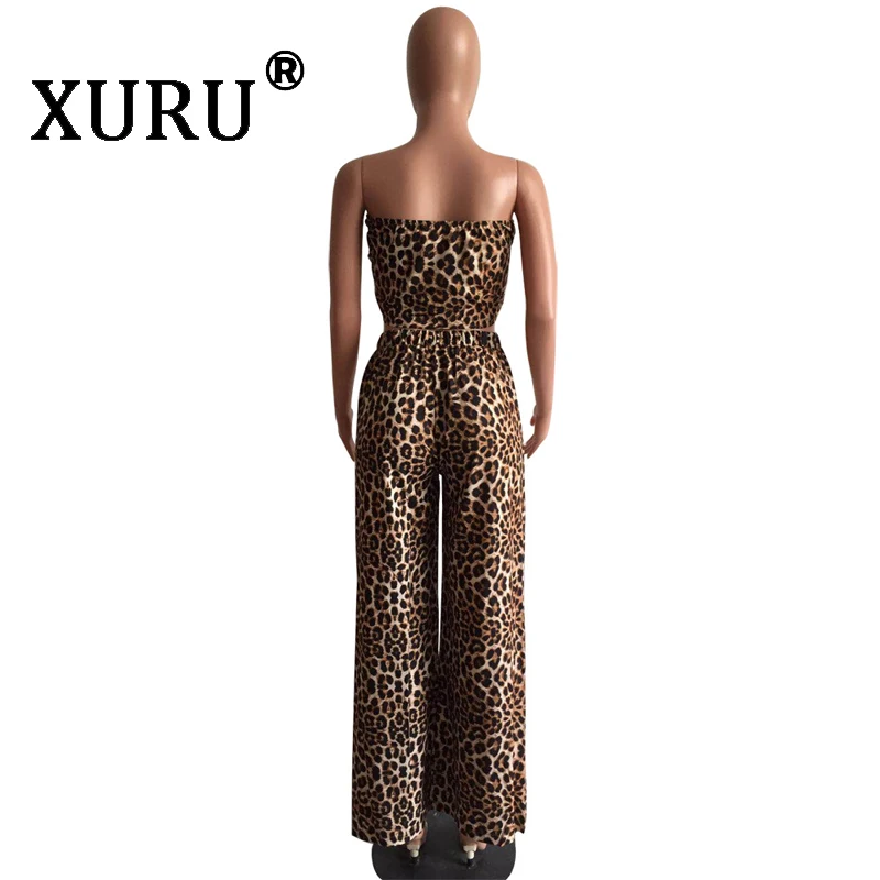 

XURU summer new leopard jumpsuit women's sexy jumpsuit two-piece printed wide-leg pants suit