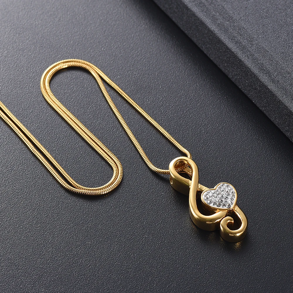 

IJD11531 Golden Cremation Jewelry Hold Clear Crystal Heart & Music Note Stainless Steel Memorial Urn Necklace For Ashes /Funnel