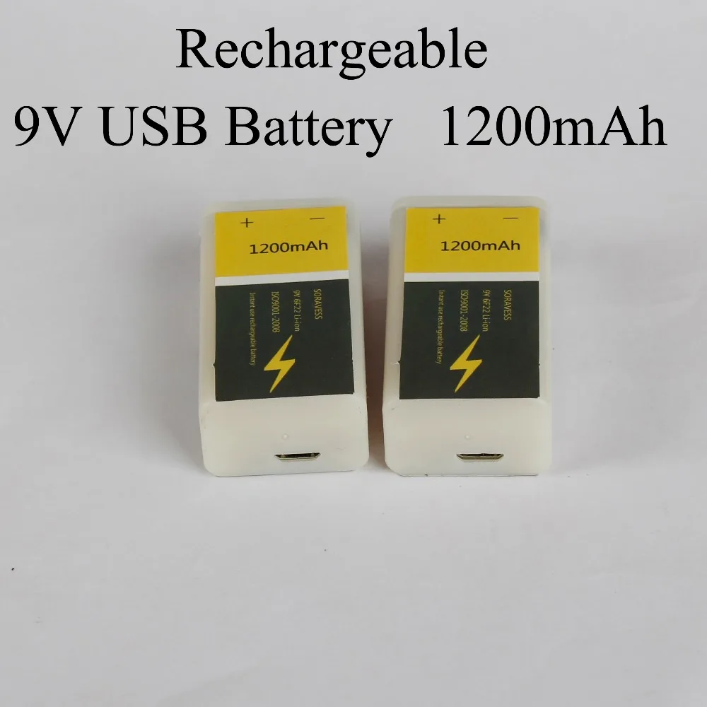 Перезаряжаемый литий-ионный аккумулятор SORAVESS, 9 В, 6F22, USB, 1200 мАч, литий-ионный элемент для беспроводного микрофона, гитары, эквалайзера, дыма
