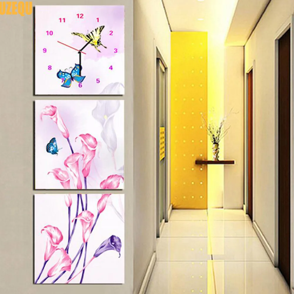 UzeQu Triptych полностью Алмазная вышивка настенные часы 5D DIY Алмазная картина вышивка крестиком цветочные часы Алмазная мозаика, стразы