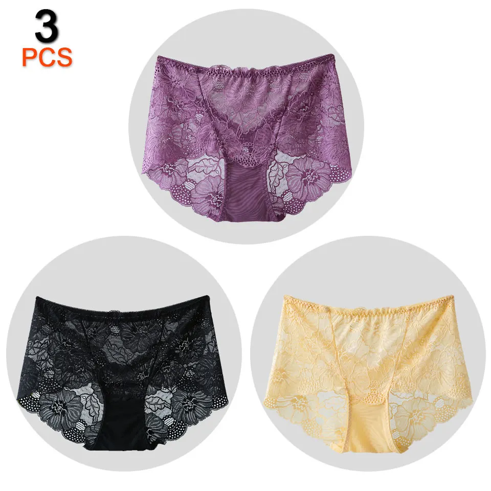 Purple-Khaki-Black 3 шт./лот, женские трусики большого размера, с высокой посадкой, сексуальное кружевное нижнее белье, женские трусики, женские прозрачные трусы с цветами, женское нижнее белье - Цвет: Purple-Khaki-Black