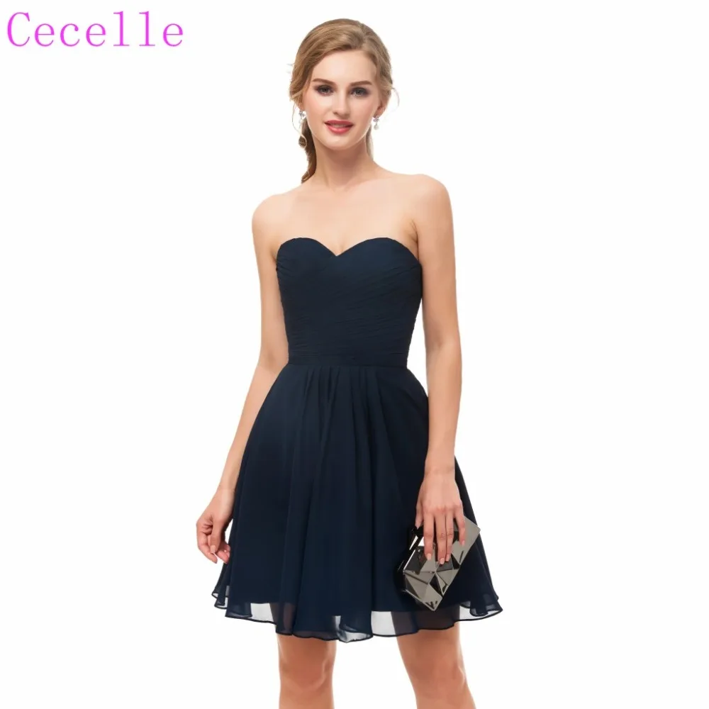 2019 Короткие Ruched шифон Темно синие коктейльное платье Милая длиной выше колена
