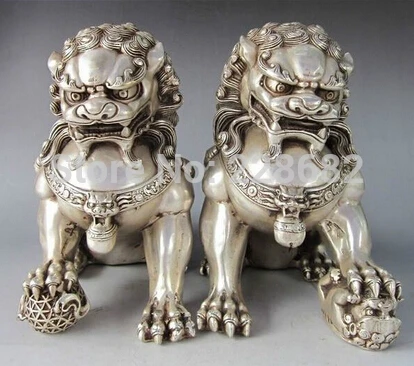 

christmas decorations for home+ 1 Pair Chinese FengShui Tibet Silver Lion /Foo Fu Dog Statue High:15CM /item