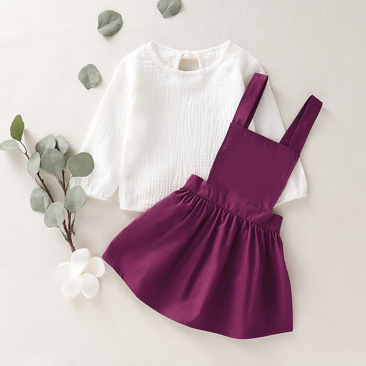 2PCS Set Cute Newborn Baby Girl Long Sleeve Cotton white Bodysuit Tops Shirt Fuchsia Suspender Dress Outfits Summer Clothes | Детская