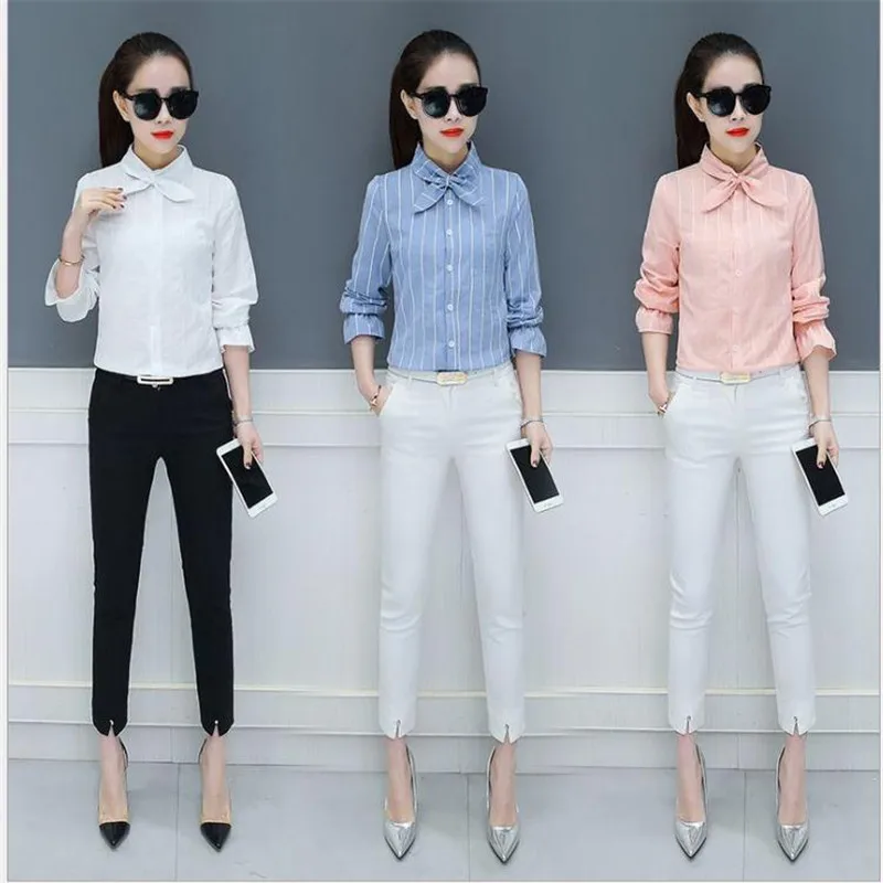 Fashion Striped Spring Autumn Women Shirts 2018 New Sweet Bow Work Blouses Long Flare Sleeve Slim Office Lady Blouse Q060 | Женская