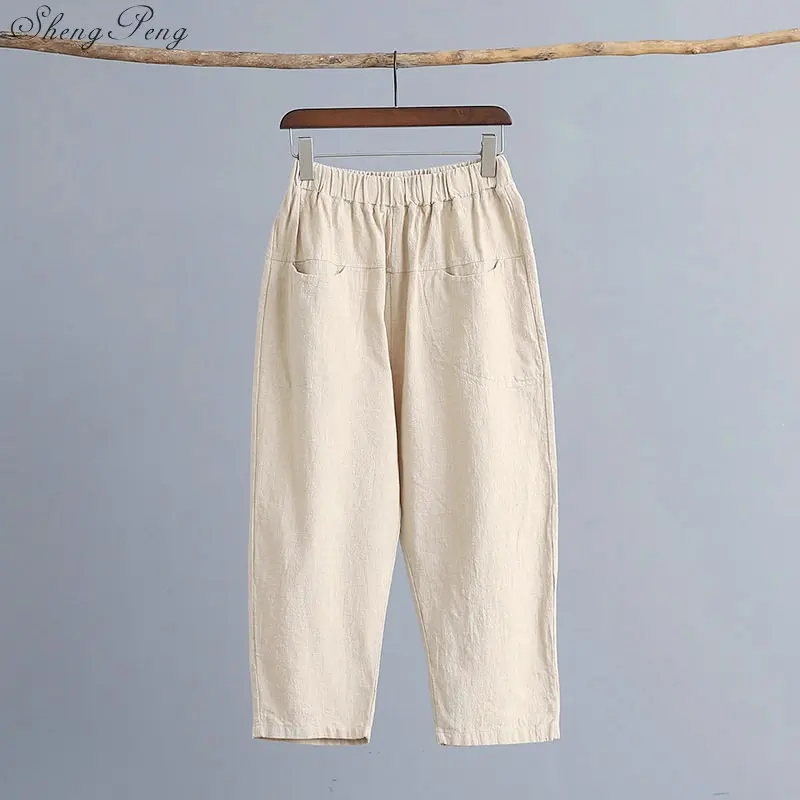 Женские свободные брюки до щиколотки однотонные мягкие из хлопка и льна с
