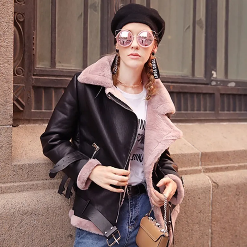 Зимний толстый меховой кожаный жакет Женская куртка-бомбер мотоциклетная овечья