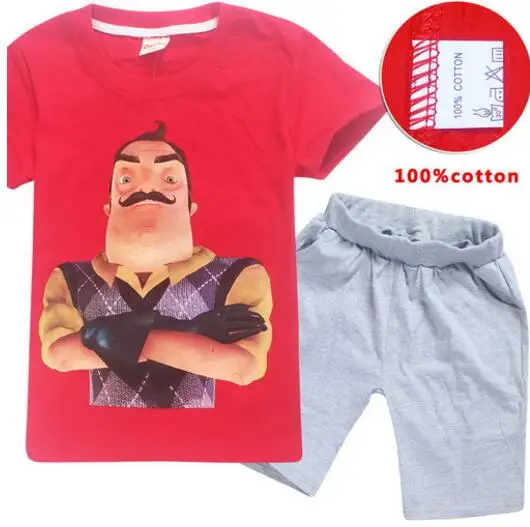 Новинка летняя детская одежда hello neighbor для мальчиков 100% хлопок футболка + штаны