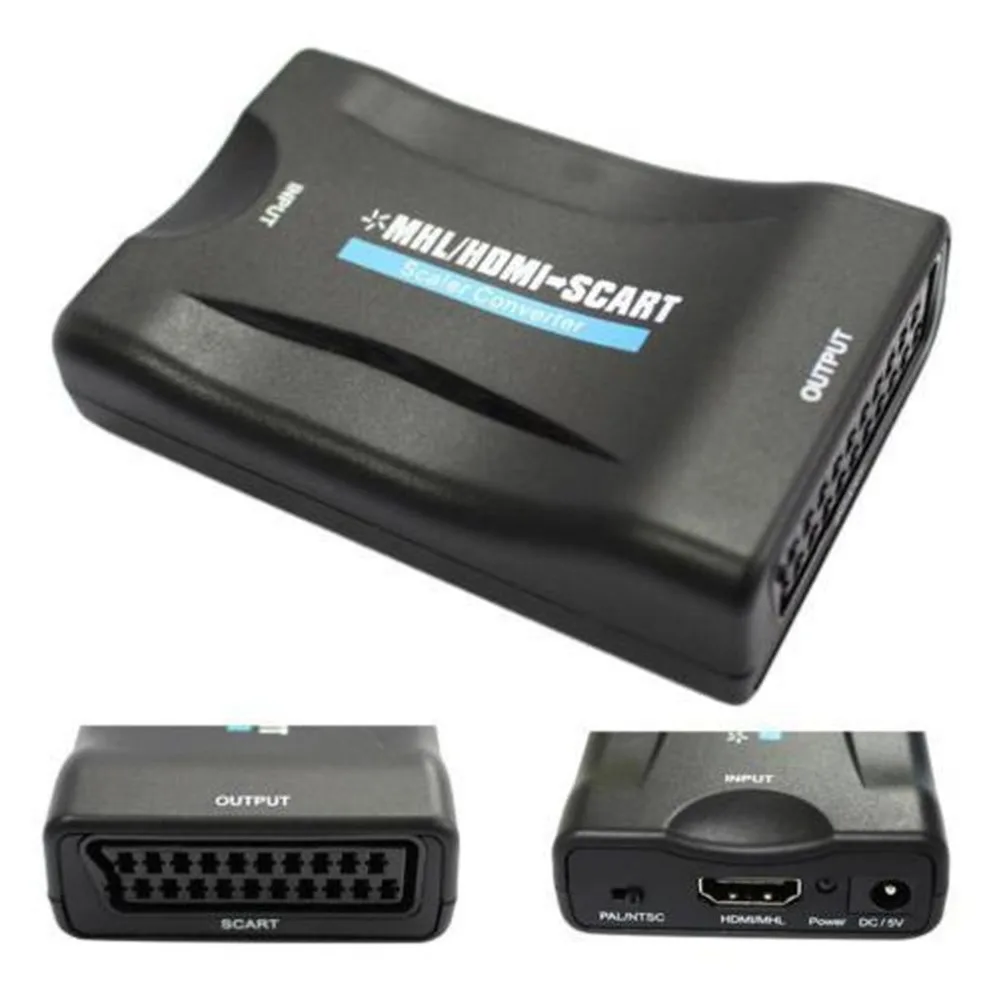 США разъем переменного тока адаптер питания 1080P Scart к HDMI MHL конвертер аудио видео адаптер для HD ТВ Sky Box STB DVD
