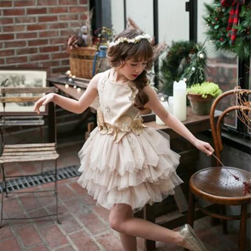 Floral Girls Flower Dresses Champagne Gold Beaded Tutu Tiered Dress Princess Baby Special Designer Irregular Party Forma | Детская
