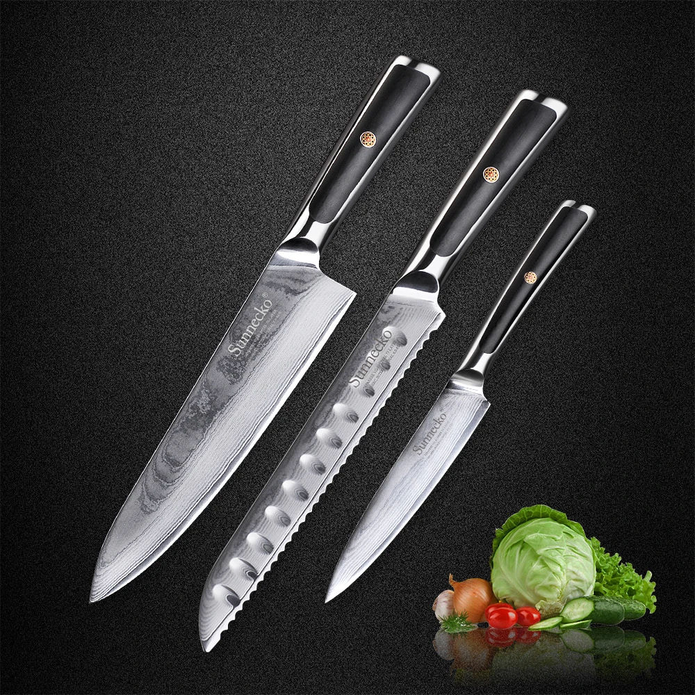 

SUNNECKO 3pcs Kitchen Knives Set Japanese VG10 Core Damascus Steel Razor Sharp Blade G10 Handle Chef Bread Utility Knife Sets
