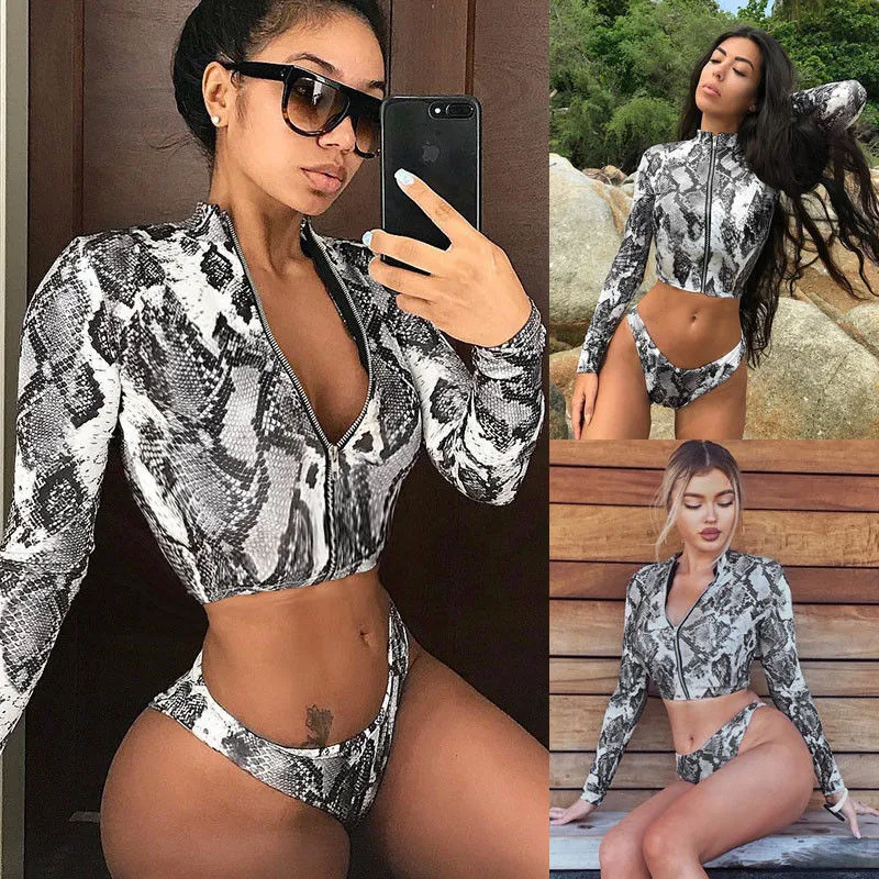 2019 лето новый сексуальный женский Принт змеиной кожи футболка с длинным рукавом