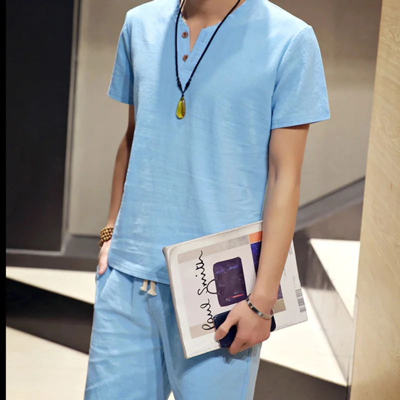 Льняные мужские рубашки и шорты комплекты китайский стиль Homme Vetement приталенная