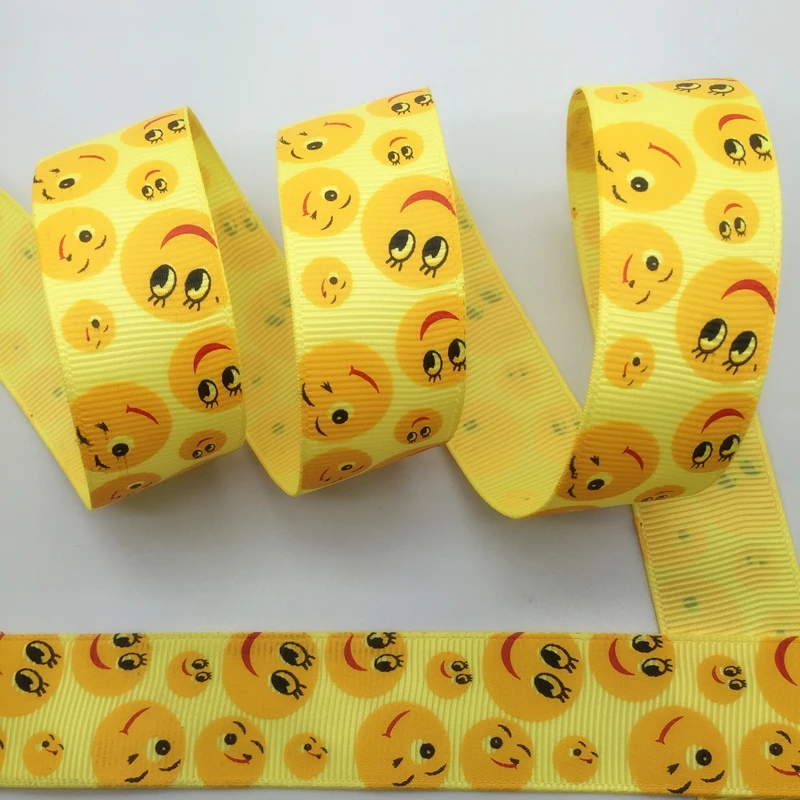 Yellow 5 ярдов, 1 дюйм, 25 мм, широкая, с принтом улыбающегося лица, корсажная лента, бант для волос/Рождество/Свадьба, сделай сам, швейное ремесло#002 - Цвет: Yellow