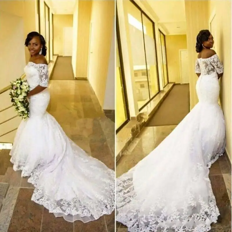 

Long Tail Mermaid Wedding Dress With Half Sleeve Boat Neck Applique Lace Wedding Gowns Bride Vestidos De Noiva Longo