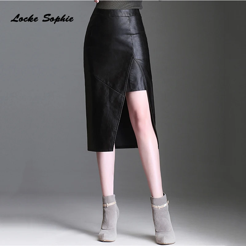 Hight waist skirts Women Plus size leather Pencil 2019 Spring faux fur PU Forking skirt Ladies Skinny Long | Женская одежда