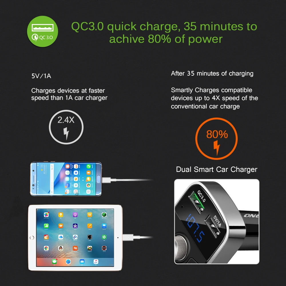 Автомобильное зарядное устройство ONEVER с Bluetooth FM трансмиттером Quick Charger 3 0 двумя USB