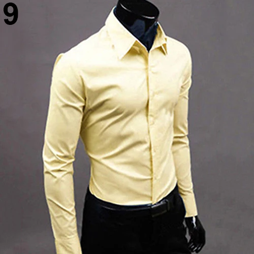 Light Yellow Мужская модная повседневная однотонная приталенная Мужская рубашка ярких цветов с длинным рукавом, мужские рубашки из хлопка и полиэстера, рубашки для мальчиков, короткий топ, 15 - Color: Light Yellow