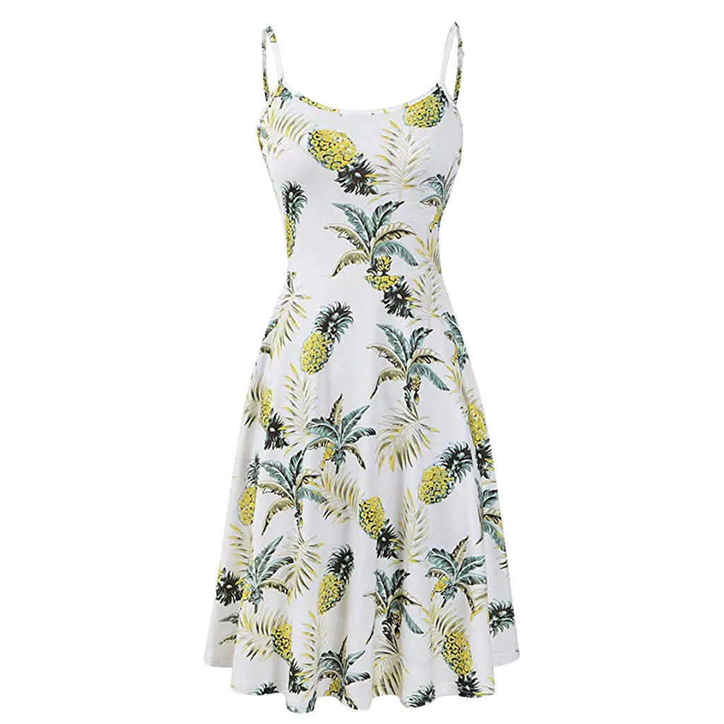Vintage Printed Dresses Woman Party Night 2019 Sleeveless Strappy Summer Beach Formal Dress Women Elegant Polyester White Apr | Женская