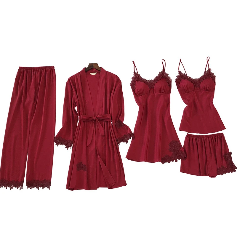 ZOOLIM 5 шт. Cami & Shorts Nighty Pants Robe кружевное сексуальное атласное белье одежда для сна