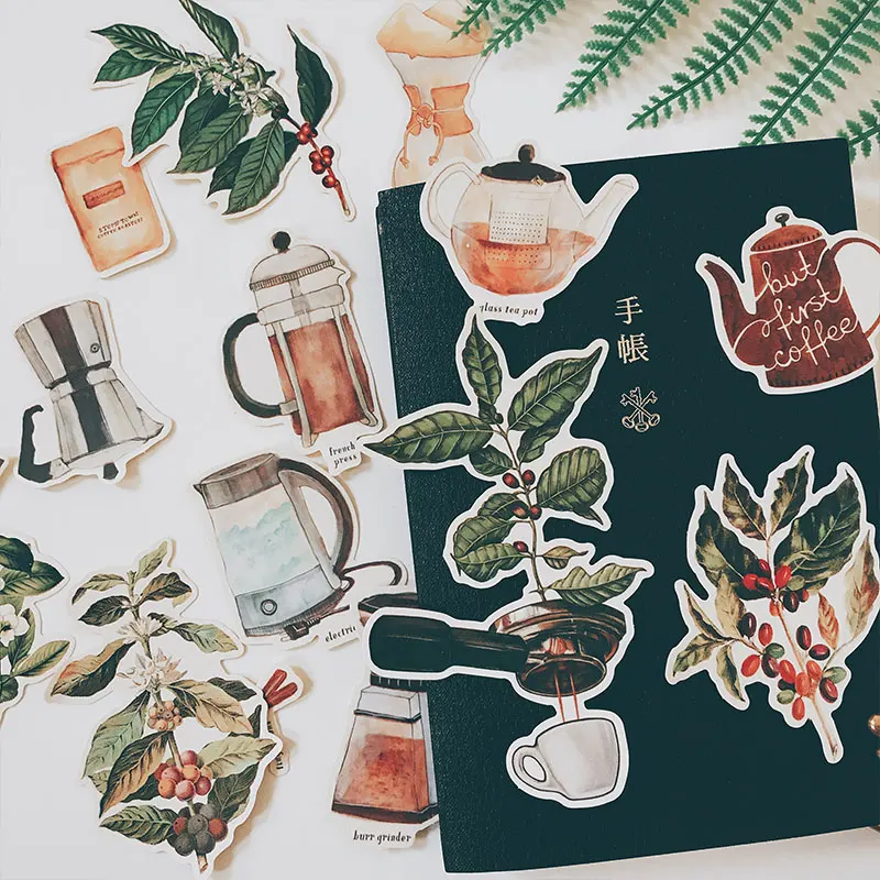 13pcs Retro Coffee Tree Vintage Coffee Set Decoration Stationery Sticker DIY Ablum Diary Scrapbooking Stickers Label Stationery checkered kraft feather map flowers lines retro plant old letters background sticker diy ablum diary scrapbooking label sticker