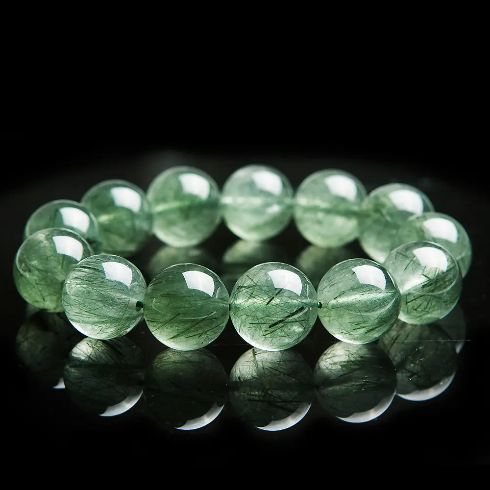 

Natural Green Rutilated Quartz Crystal Round Big Beads Bracelet 16mm AAA
