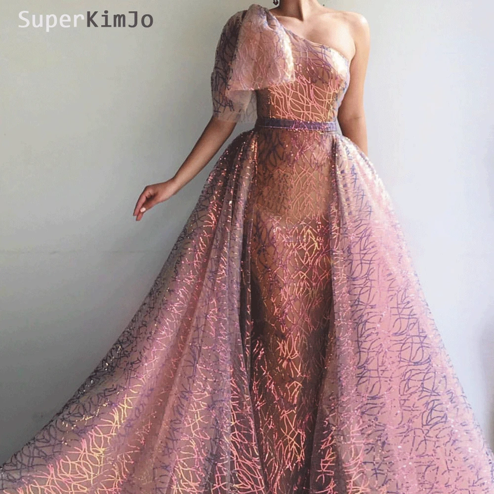 

SuperKimJo One Shoulder Prom Dresses 2020 Colorful Detachable Skirt Rose Elegant Arabic Prom Gown Vestido De Gala