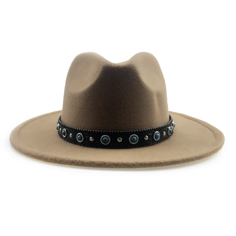 Camel Felt hats Новые осенние фетровая шляпа с красивым поясом для Для женщин Для мужчин зимние Джаз Панама Шапки Винтаж шляпа Кепки широкими полями чувствовал шапки YY18098 - Цвет: Camel Felt hats