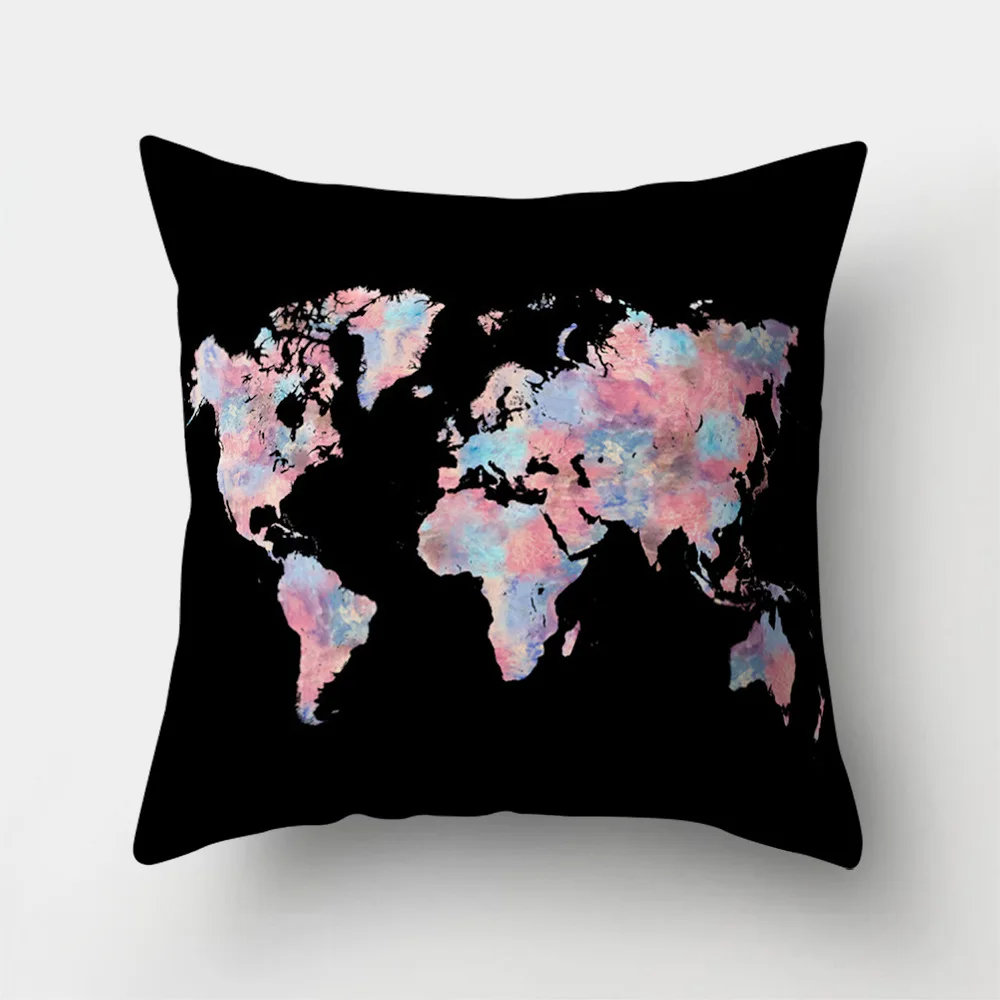 World Map Printed Custom Sofa Cushion Covers 45x45cm Pink Black and White Cover for Pillow Vintage Home Decoration Accessories