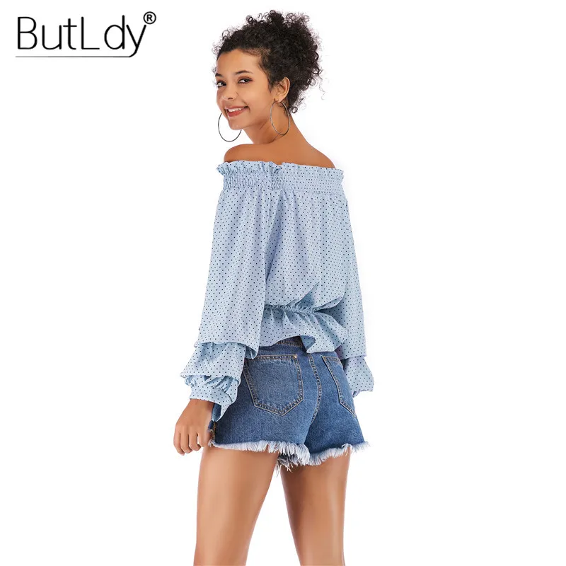 Блузка женская с открытыми плечами пикантный Повседневный Топ в горошек