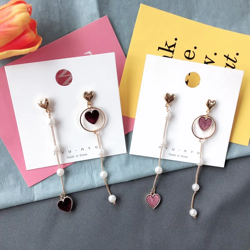 Женские бархатные серьги с сердечками Длинные асимметричные капли подарок на