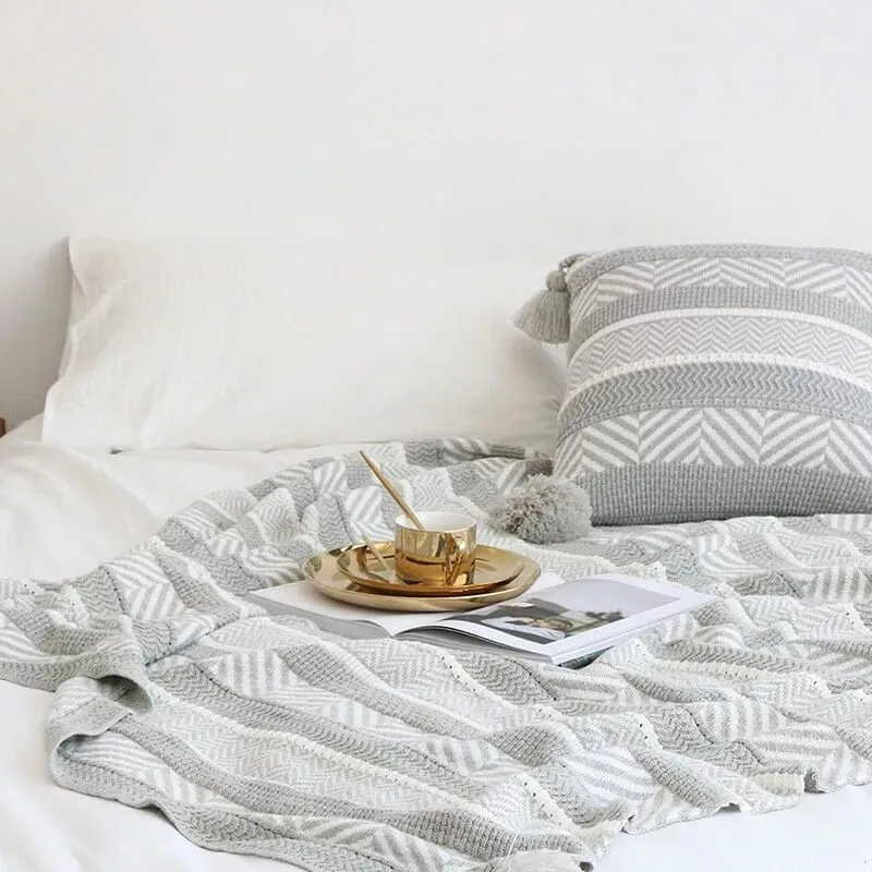 Хлопковое одеяло с кисточками серый и белый плед геометрическим рисунком для