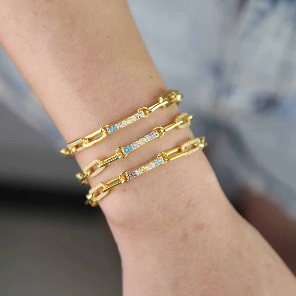Оптовая продажа золотых звеньев цепи красочные cz бар браслет для женщин
