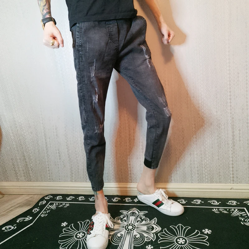 Spiritual Guy Jeans man fall nine-point foot pants network red with male beggar broken hole | Мужская одежда