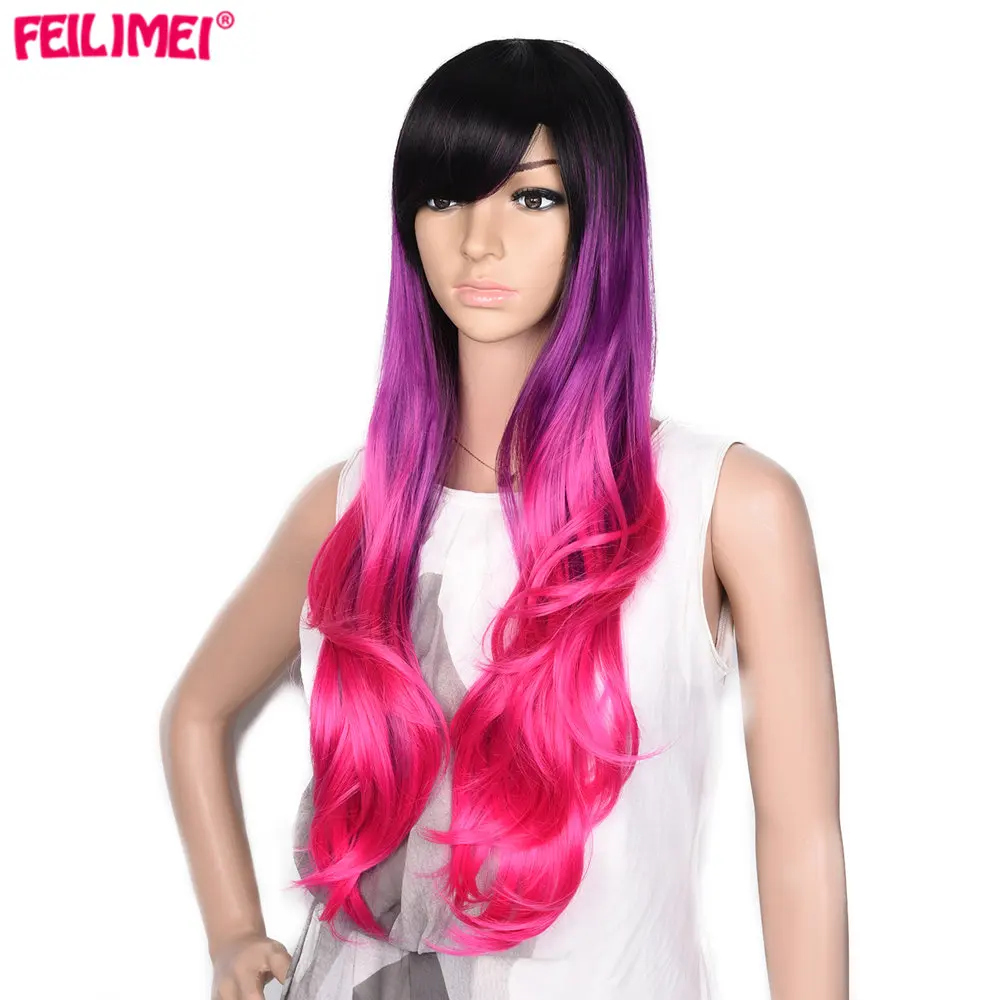 Feilimei Ombre Grey Wig Синтетическое японское волокно 60см 280г Длинные прямые штаны Черные серые парики для женщин Наращивание волос - Цвет: hot pink