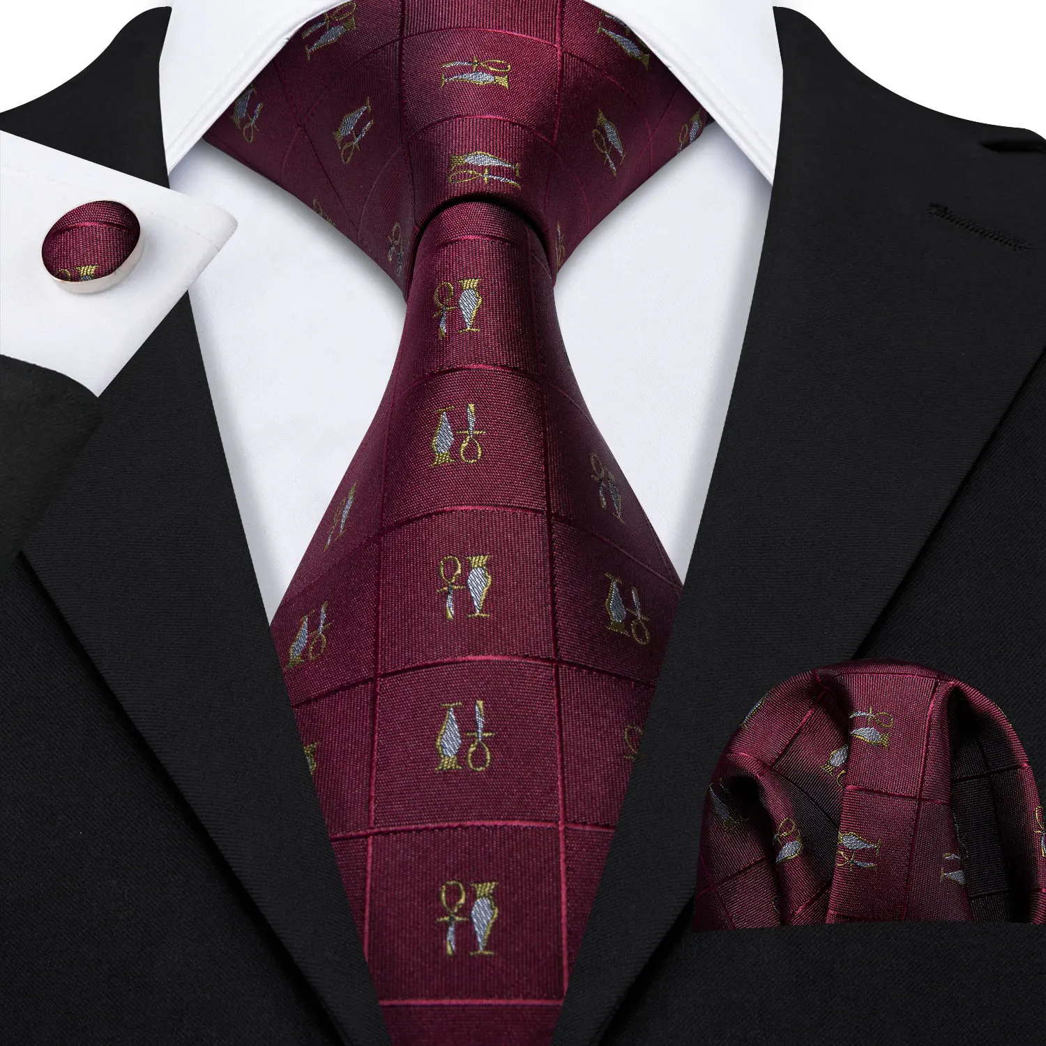 

Barry.Wang Fahsion Designers Red Novelty Mens Silk Ties Gravat Hanky Box Gifts Set Ties For Men Wedding Groom Neckties LS-5169