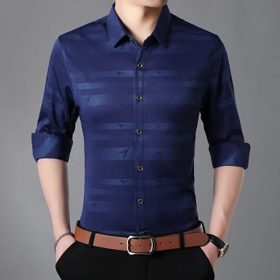 Navy Blue 7XL Для мужчин рубашка Для мужчин s Бизнес Повседневное рубашки Новое поступление Для мужчин известный бренд одежды тенденция в полоску с длинными рукавами Camisa masculina - Цвет: Navy Blue
