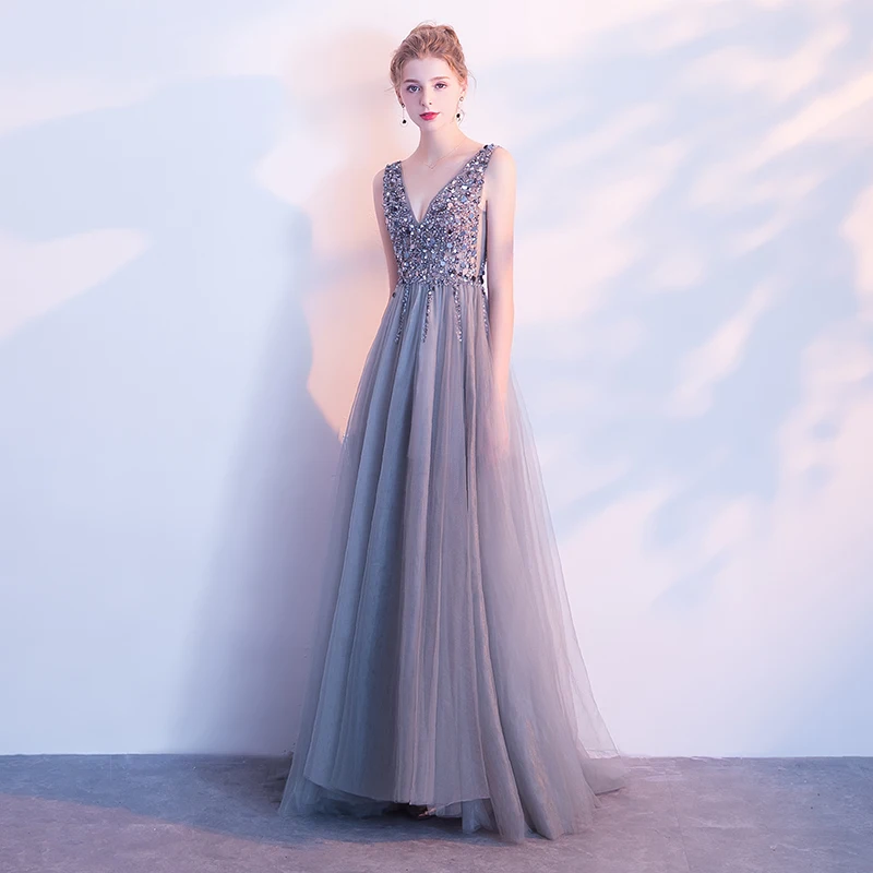 Серый спинки платье для выпускного вечера es длинные Гала Jurken Тюль Бисер Vestido Formatura без рукавов разрез платье для выпускного вечера Для женщин вечернее платье