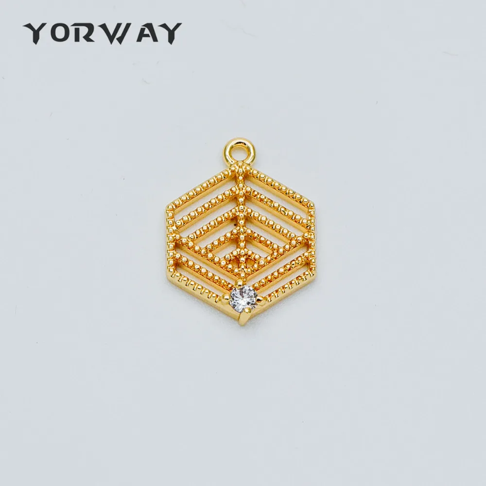 

10pcs/Lot CZ Paved Gold Filigree Charms 18x13mm, Real Gold Plated Brass Hexagon Pendants, Tarnish Resistant (GB-413)