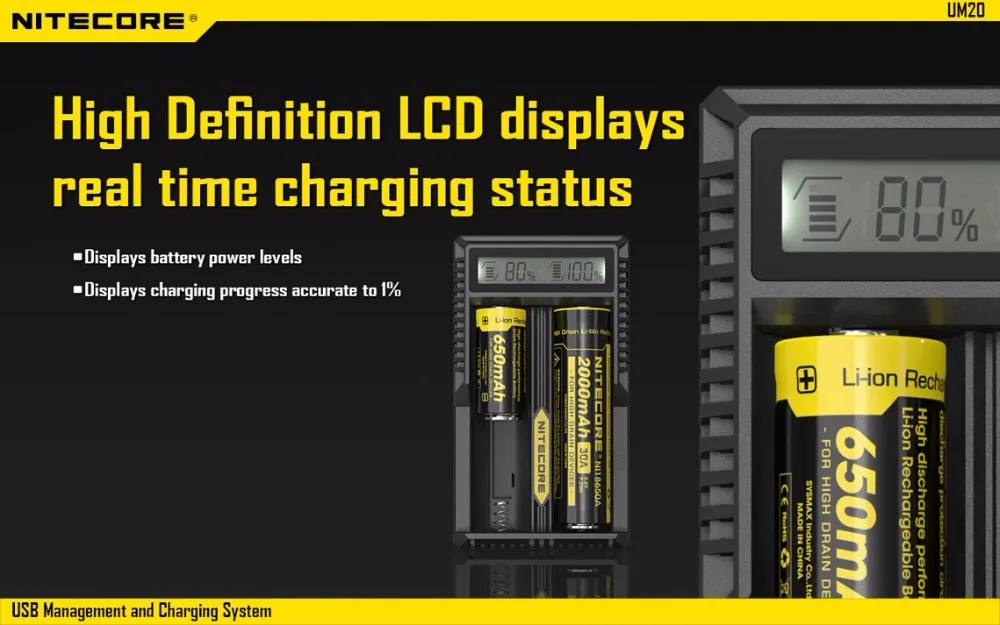 Nitecore умное зарядное устройство UM10 UM20 Digi зарядное устройство с ЖК-дисплеем универсальное USB питание для литий-ионного аккумулятора 18650/18490/18350/17500