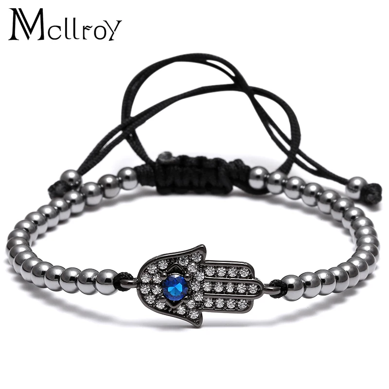 Mcllroy стальное плетение из бисера Хамса Фатима рука Шарм браслет из бисера микро Pave CZ браслеты мужские Пары Браслет