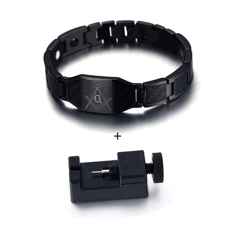 black with tool Vinterly черный магнитный браслет для мужчин, нержавеющая сталь, ручная цепочка, масонские панк ID браслеты, углеродное волокно, магнит, браслеты для здоровья - Окраска металла: black with tool