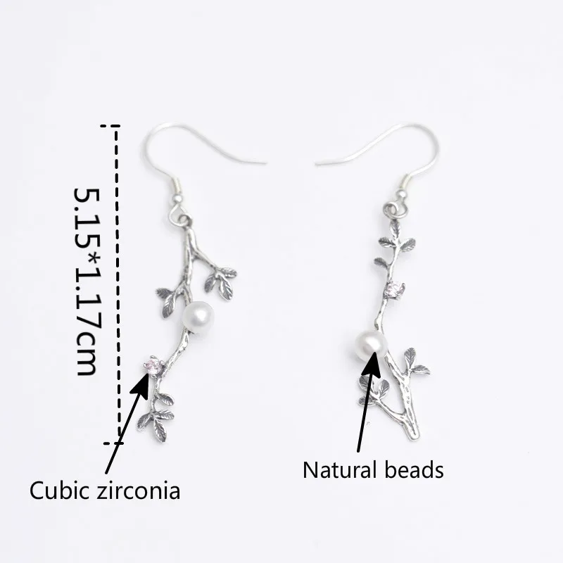 

Flyleaf 100% 925 Sterling Silver Branch Leaves pearl Dangle Earrings For Women Luxury Chinese Style Vintage Jewelry