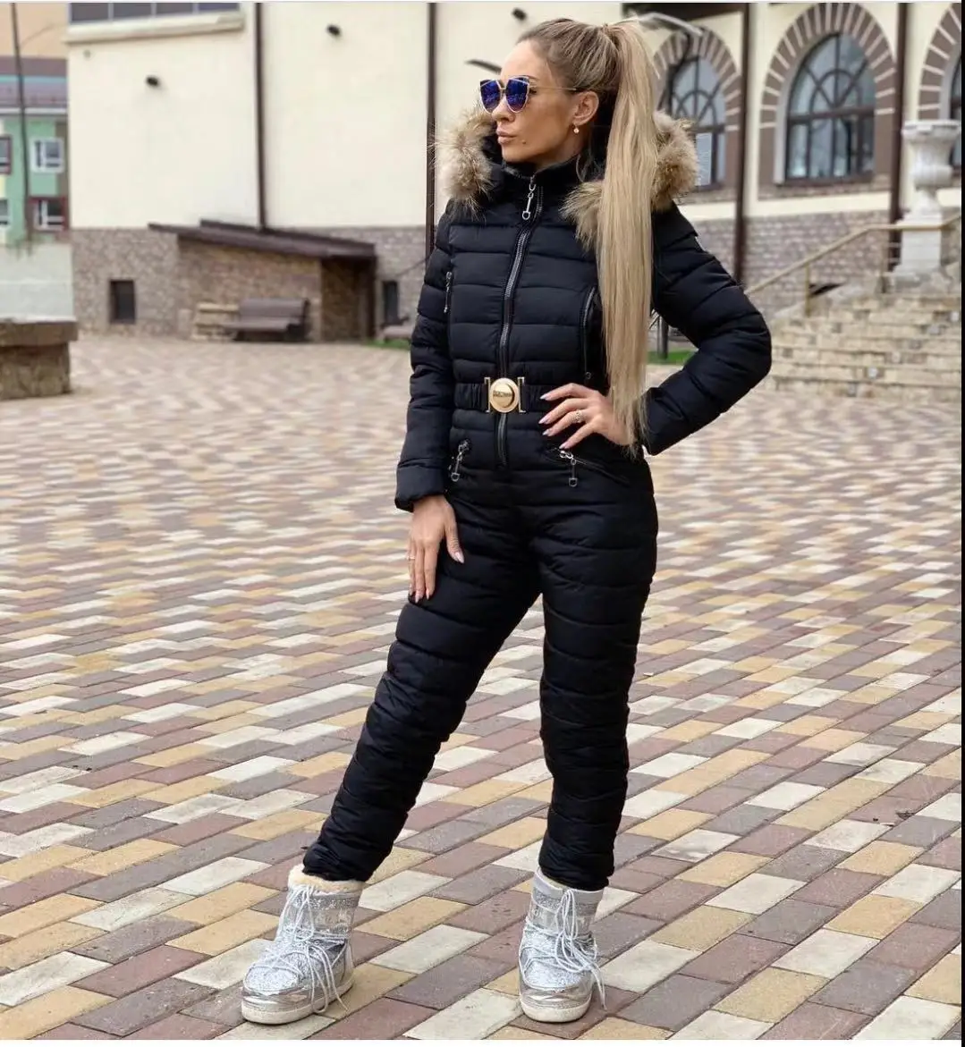 Черный Модное теплое Женское зимнее пальто на молнии, цельный толстый комбинезон с капюшоном, пуховики, куртки с хлопковой подкладкой, женский лыжный костюм G567 - Цвет: Черный