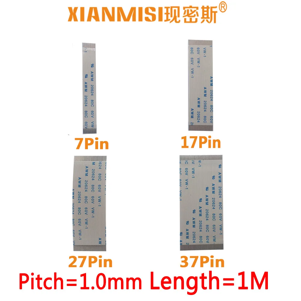 

FFC/FPC плоский гибкий ленточный кабель 7Pin 17Pin 27Pin 37Pin одинаковая сторона 1,0 мм Шаг AWM VW-1 20624 20798 80C 60 в длина 1 метр 5 шт.