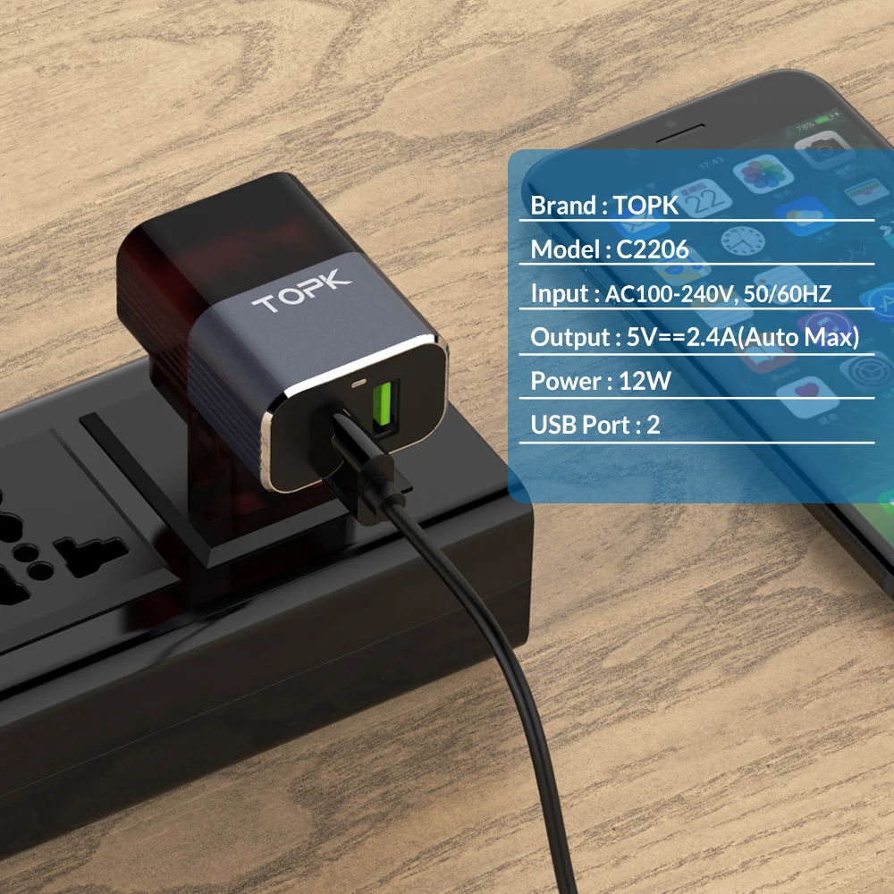 TOPK Auto ID Адаптер зарядного устройства с двойным USB Мобильный телефон EU/US/UK