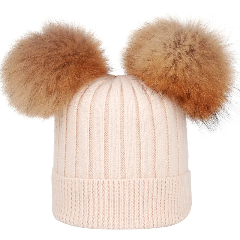 beige Xthree зимняя женская шапка шерстяные вязаные шапочки натуральный мех двойные помпоны Skullies шапка для девочек feminino - Цвет: beige