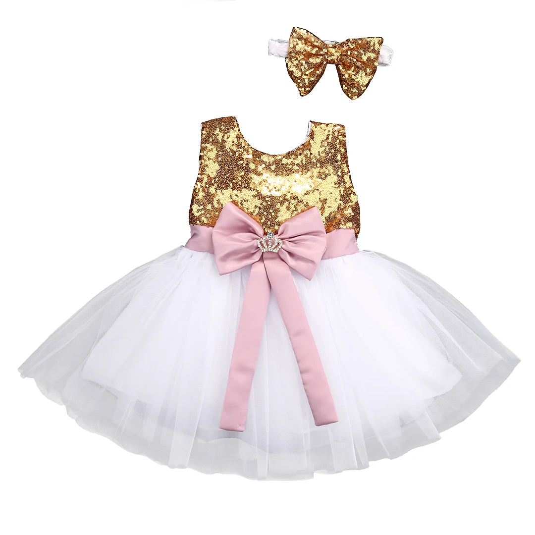 

Princess Baby Kids Flower Girls Dresses Sequins Bowknot Party Ball Gown Formal Dress Sleeveless Girl