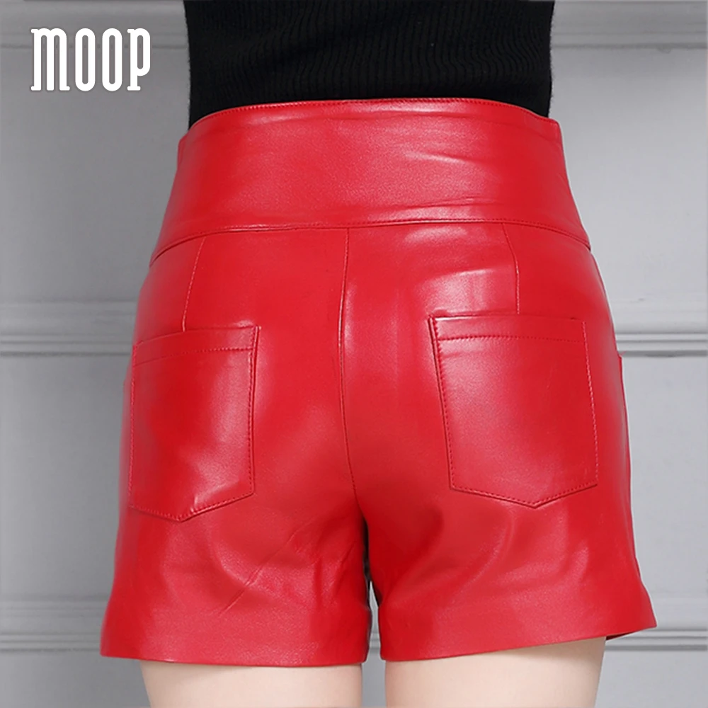 Black red genuine leather shorts women crop tops lambskin slim highwaist hot shorts button decor bottom bermuda feminina LT1286